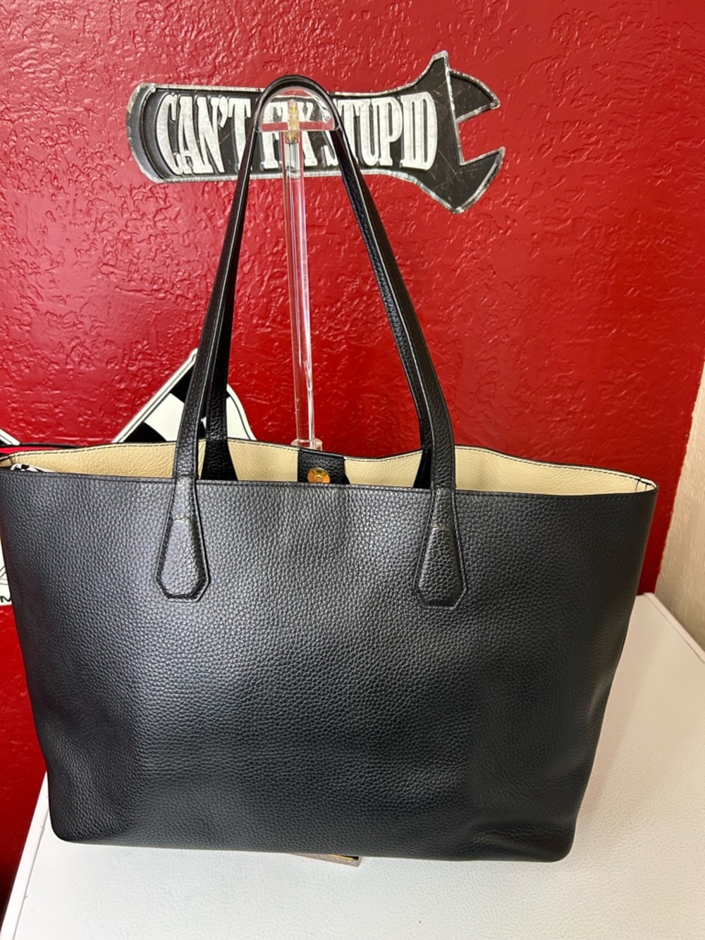 Tory Burch Black Pebbled Leather Tote with Gold Logo - Picture 3 of 14
